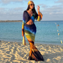 Print Long Sleeve Backless Maxi Dress GDSF-D26DS030