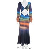 Print Long Sleeve Backless Maxi Dress GDSF-D26DS030