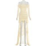 Off Shoulder Solid Color Mesh Patchwork Mini Dress GZJQ-K25D90682