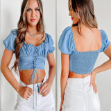 Puff-Sleeve Fitted Sexy Cropped Denim Shirt GYAN-3230