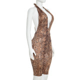 Deep V Neck Snake Print Backless Romper GDSF-D26RP009