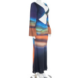 Print Long Sleeve Backless Maxi Dress GDSF-D26DS030