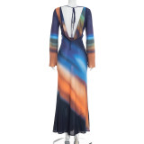 Print Long Sleeve Backless Maxi Dress GDSF-D26DS030