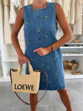 Casual Floral Loose Denim Sleeveless Mini Dress GYAN-89143