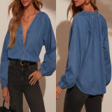 Long Sleeve V Neck Long Sleeve Denim Top GYAN-753