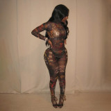 Mesh See Through Print Tight Jumpsuit GZJQ-K6Q00584A
