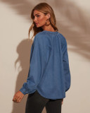 Long Sleeve V Neck Long Sleeve Denim Top GYAN-753