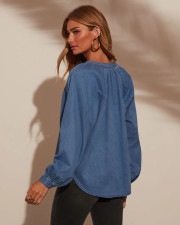 Long Sleeve V Neck Long Sleeve Denim Top GYAN-753