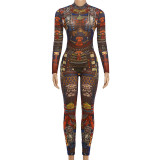 Mesh See Through Print Tight Jumpsuit GZJQ-K6Q00584A