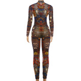 Mesh See Through Print Tight Jumpsuit GZJQ-K6Q00584A