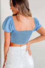 Puff-Sleeve Fitted Sexy Cropped Denim Shirt GYAN-3230