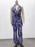 V Neck Print Backless Top Two Piece Pants Set GQZF-8000