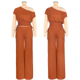 Solid Color Sleeveless Drawstring Two Piece Pants Set ASL-6818
