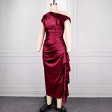 One-shoulder Satin Ruffles Evening Dress  GKEN-ADR051209