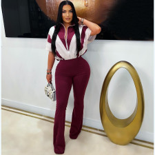Lapel Zipper Patchwork Flare Jumpsuit TE-4737