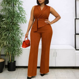 Plus Size Solid Color Sleeveless Tie Up Two Piece Pants Set GCZF-8653