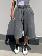Washed Loose Wide Leg Denim Fifth Pants SH-391515