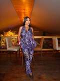 V Neck Print Backless Top Two Piece Pants Set GQZF-8000