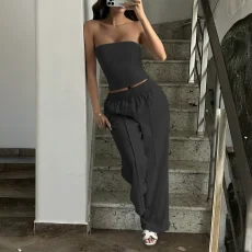 Solid Color Wrap Chest Top Two Piece Pants Set GZYU-K25399170