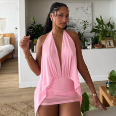 Mesh Halterneck Backless Mini Dress GDSF-D26DS041