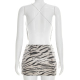 Zebra Print Sequined Sling Backless Two Piece Skirts Set GSZM-D26ST050