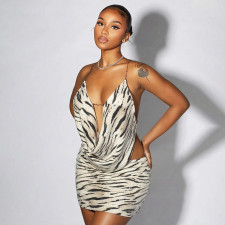 Zebra Print Sequined Sling Backless Two Piece Skirts Set GSZM-D26ST050