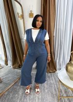 Plus Size Casual V Neck Loose Denim Sleeveless Jumpsuit GYLN-0619