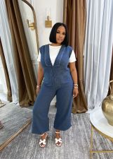 Plus Size Casual V Neck Loose Denim Sleeveless Jumpsuit GYLN-0619