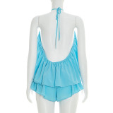 Solid Color Sexy Backless Tops Two Piece Shorts Set GSZM-Y26ST078