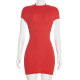 Solid Color Short Sleeve Backless Mini Dress GDSF-C26DS023