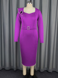 Plus Size Ruffles Long Sleeve Pearl Patchwork Midi Dress GKEN-AM040935