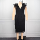 Plus Size Tassel Ruffles Deep V Neck Midi Dress GKEN-ADR051180