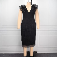 Plus Size Tassel Ruffles Deep V Neck Midi Dress GKEN-ADR051180