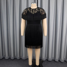 Plus Size Lace Patchwork Tassel Shawl + Sling Dress 2 Piece Set GKEN-AST051076