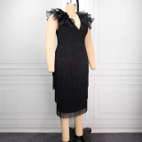 Plus Size Tassel Ruffles Deep V Neck Midi Dress GKEN-ADR051180