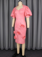 Lantern Sleeve Solid Color Slim Midi Dress GKEN-ADR060133