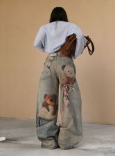 Plus Size Bear 3D Printed Loose Jeans GYLN-6035