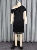 Slash shoulder Rhinestone Bow Fringe Midi Dress GKEN-ADR051214