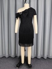 Slash shoulder Rhinestone Bow Fringe Midi Dress GKEN-ADR051214