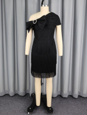 Slash shoulder Rhinestone Bow Fringe Midi Dress GKEN-ADR051214