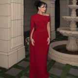 Solid Color Ruched Slash Neck Maxi Dress  GJYO-303986