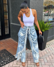 High Waisted Pleated Frayed-edge Straight Jeans GAKF-51101