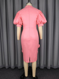 Lantern Sleeve Solid Color Slim Midi Dress GKEN-ADR060133