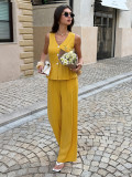 Solid Color Sleeveless V Neck Two Piece Pants Set GZEY-K25190121