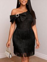Slash shoulder Rhinestone Bow Fringe Midi Dress GKEN-ADR051214