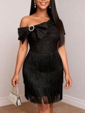 Slash shoulder Rhinestone Bow Fringe Midi Dress GKEN-ADR051214