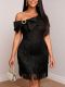 Slash shoulder Rhinestone Bow Fringe Midi Dress GKEN-ADR051214