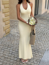 Halterneck Solid Color Backless Maxi Dress GZEY-D26230038