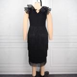 Plus Size Tassel Ruffles Deep V Neck Midi Dress GKEN-ADR051180