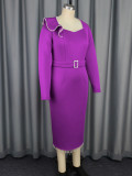 Plus Size Ruffles Long Sleeve Pearl Patchwork Midi Dress GKEN-AM040935